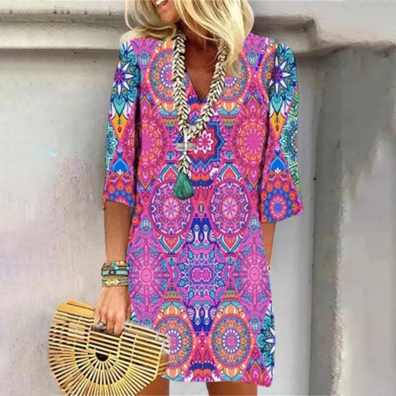 

Women s Fashion Print V-neck Long Sleeve Slim Dress XXXL рожевий червоний колір