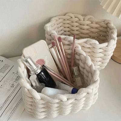Cesta tejida estilo nórdico Rectangular tejida a mano de cuerda de algodón Cestas organizadoras multifuncionales para escritorio Dormitorio