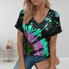 Fashion Colorful Leaves Printing Blouses Short Sleeve V-Neck T Shirts Casual