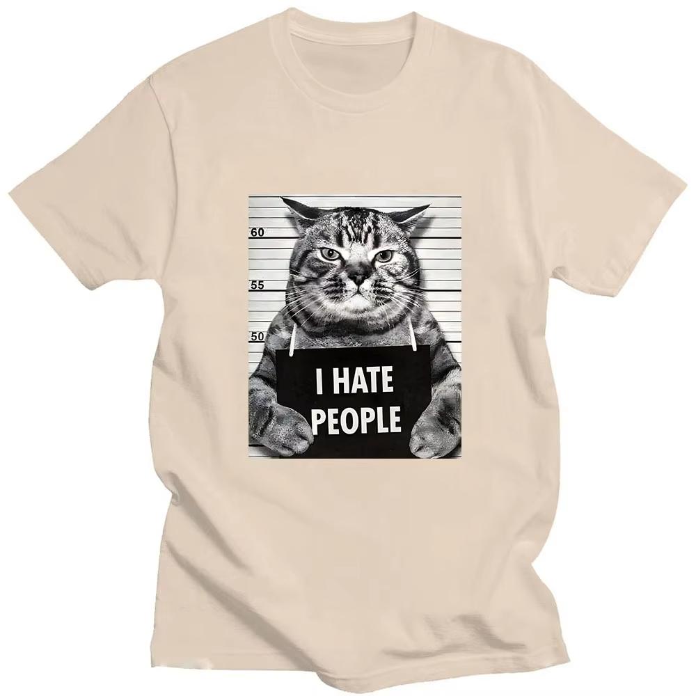 I Hate People Meow Print Men T-shirts Fun Cat Print T Shirts Loose Street Short Sleeve Female/Male Cotton Clothing Casual Tshirt