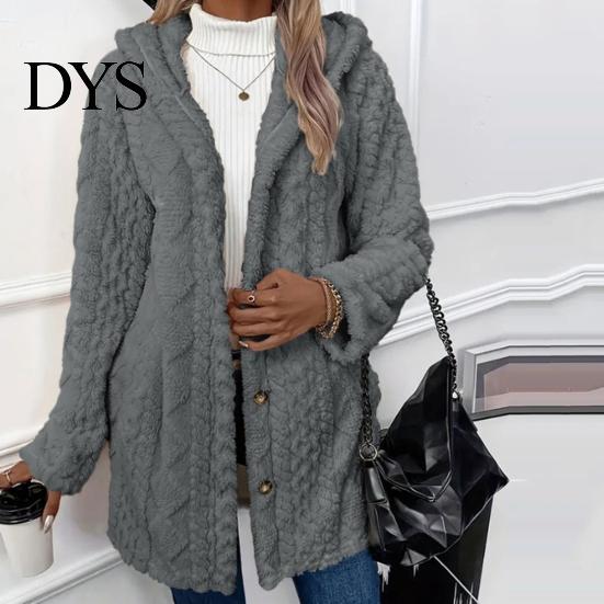 Casual Plush Jacket Fall Spring Women Hooded Loose Solid Color Long Lady Thick Coat Sleeves Single-breasted Cardigan Hoodie Sport Commuting Outerwear