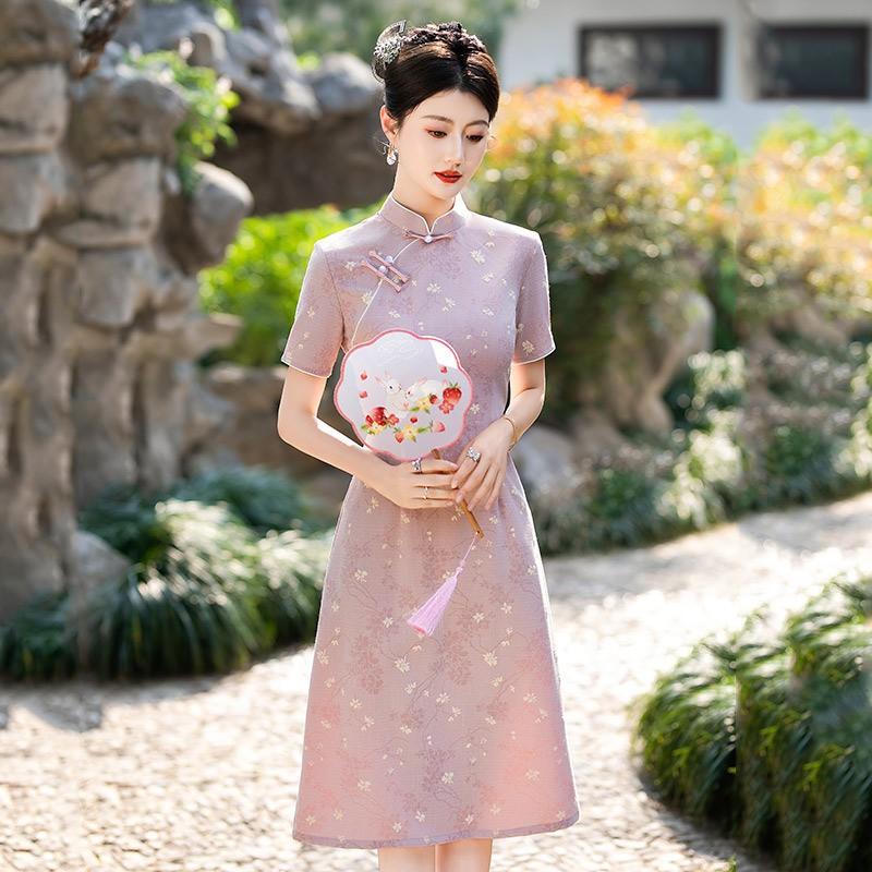 Slim Fit Chinese-Inspired Short Sleeve Dress Women Vintage Style 2025 Qipao