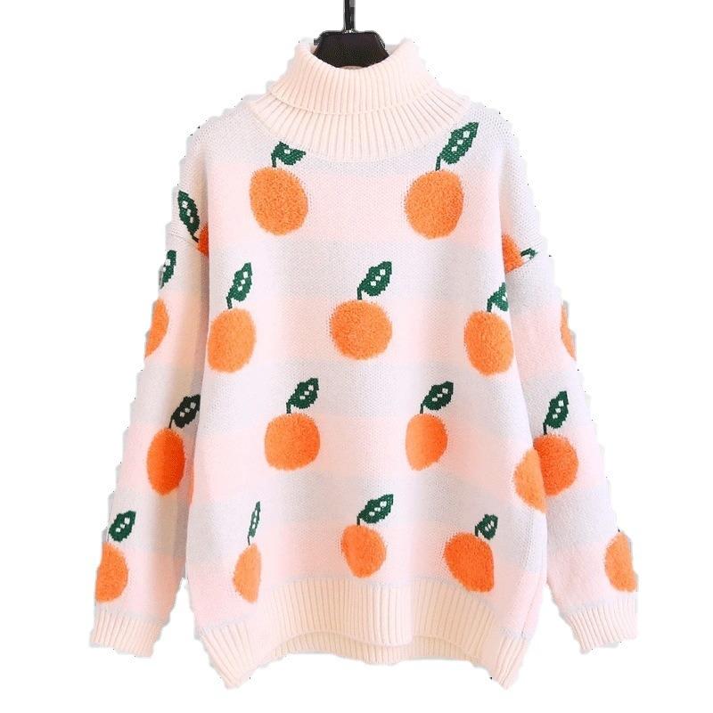 Autumn and Winter New Casual Loose Orange Pattern Turtleneck Long-sleeved Knitted Pullover Sweater Women