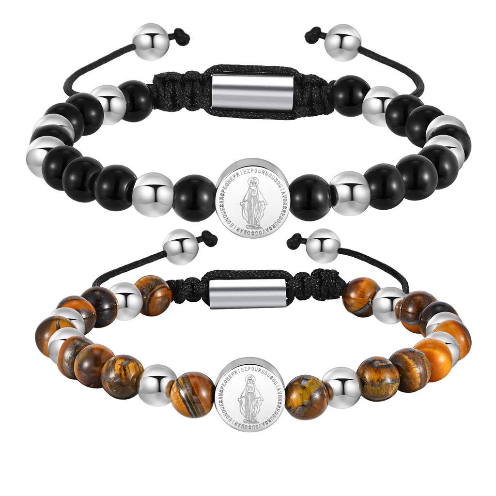 Virgin Mary Beaded Bracelets for Men Boys,Waterproof Stainless Steel Round Charms Wristband,Religious Prayer Jewelry Gift