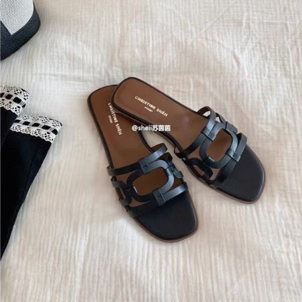 

[] Milan drag~ stitched leather word beach flat bottom women s sandals outside 34 золотой