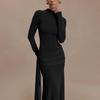 Elegantes Damen Winter Langkleid mit hohem Kragen und gefalteter Rüsche