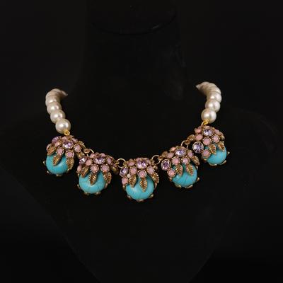 Medieval Vintage High-Grade Wind Temperament Copper-Plated Alloy Blue Pine Flower Ball Necklace Earrings Set
