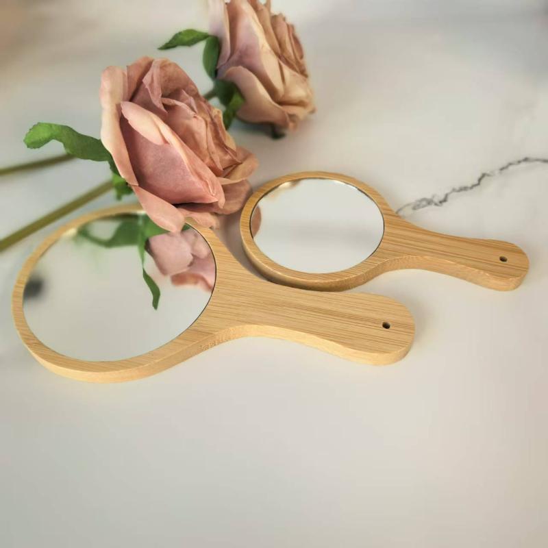 Portable Bamboo Makeup Mirror Handmade Handle Round Cosmetic Mirror With Handle Personal Vanity Handheld Mirror