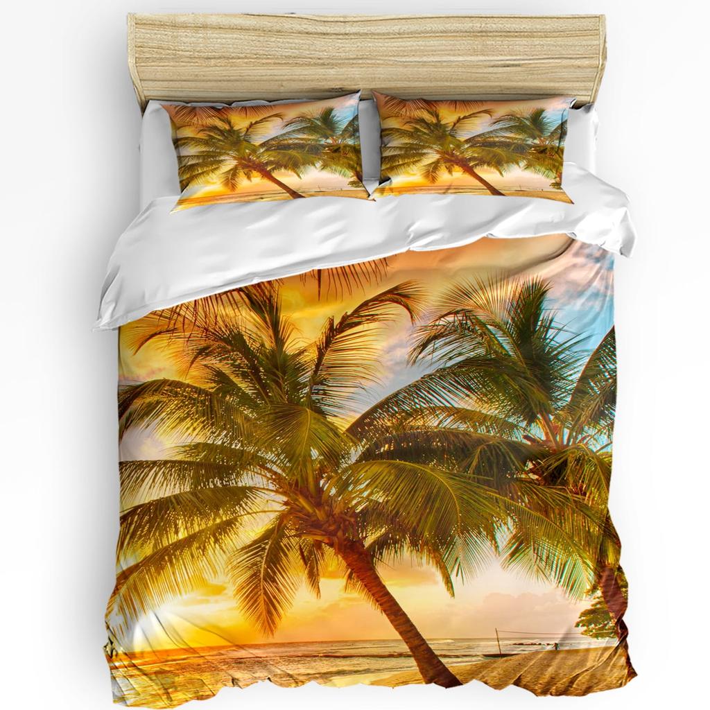 Seashore Duvet Cover Set Queen Size Splashing Waves On Sandy Beach Coconut Palm Trees Scenic Island View Warm Soft Breathable
