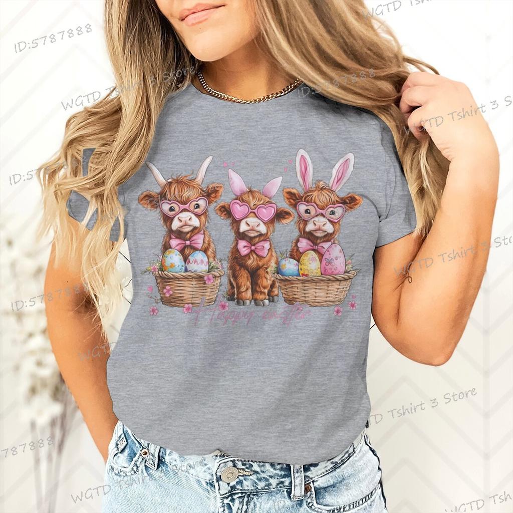 Happy Easter Day T-shirt Female Easter Cute Highland Cow Graphic T Shirts Women Cute Cow Gift for Women Retro Easter Vibes Shirt