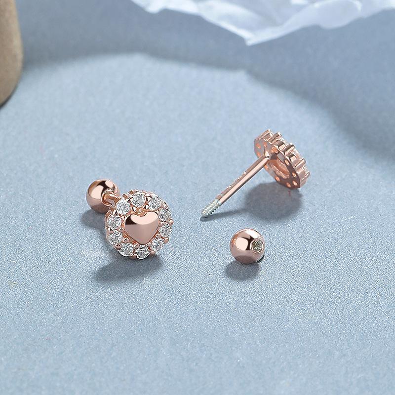 Gold Tone Solid Love Heart Halo Zircon Round Ball Back Cartilage Tragus Piercing Stud Earrings