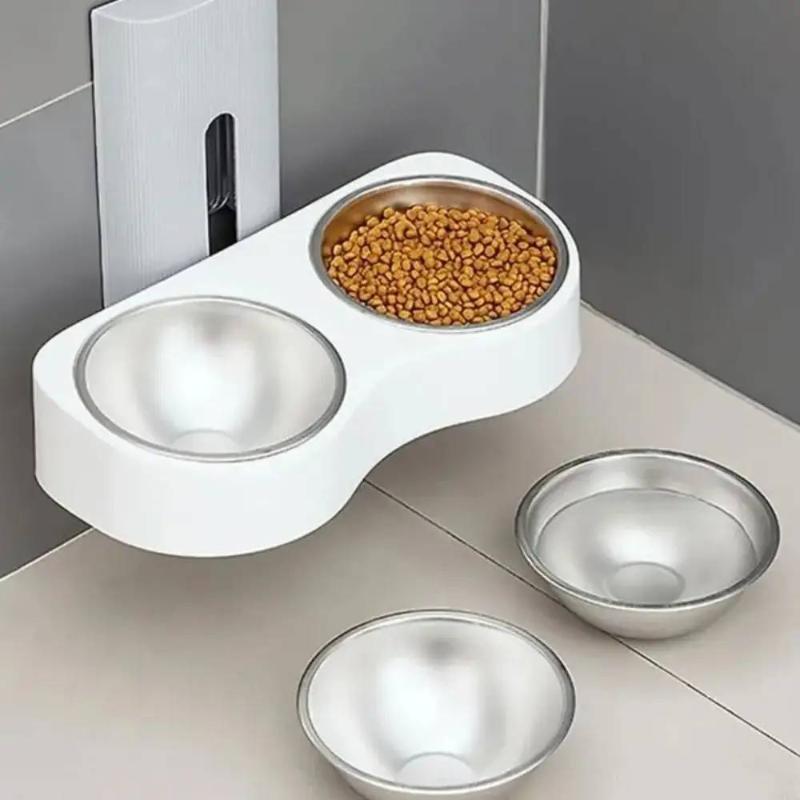 Wall Mounted Cats Watering Bowl Space Saving Height Adjustable Dog Eatting Bowl Double Bowl Neck Protection Pet Feeding Bowl