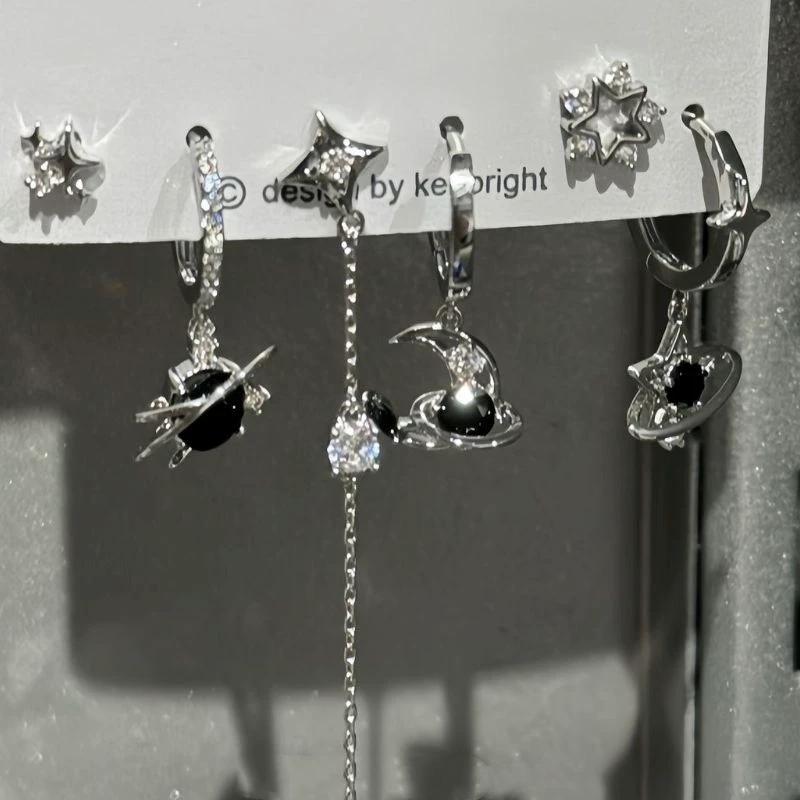 6PCS Set Goth Red Crystal Star Heart Black Pentagram Pendant Earring For Women Vintage Aesthetic Trendy Jewelry Accessories