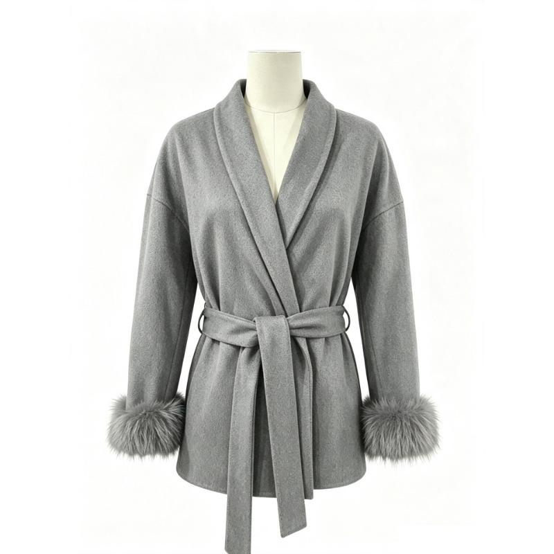Women S Short Wool Coat With Tie Solid Color Long Sleeve French Style