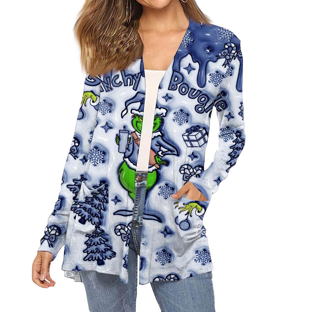 Women's Fashion Christmas Print Long-Sleeved Pocketed Slim-Fit Cardigan Coat