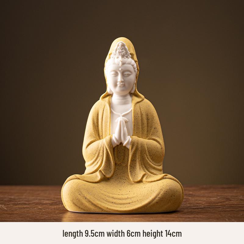 Ceramic Seated Guanyin On Lotus with Light Ring and Anjali Mudra for Home Decor