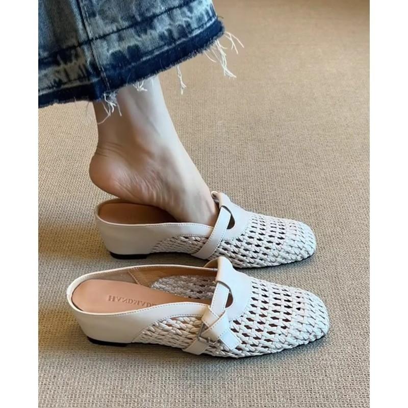 Sheepskin Bag Head Half Slippers Women's Summer Outer Wear Inner Heightening Hole Shoes One Pedal Woven Breathable Cool Single Shoes