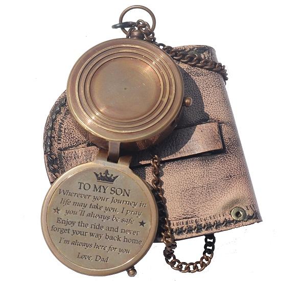 Brass Engrved Compass for Men, Pocket Compass with Leather Case, Handmade Religious Gift Idea for Graduation, Communion, Baptism (to My Son, Love Dad)
