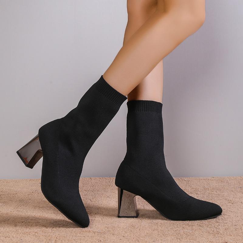 Stretch Boots Autumn New Pointed Toe Stretch Mesh Breathable Cover Foot Non-Slip Wear-Resistant Block Heel Shorthole Boots