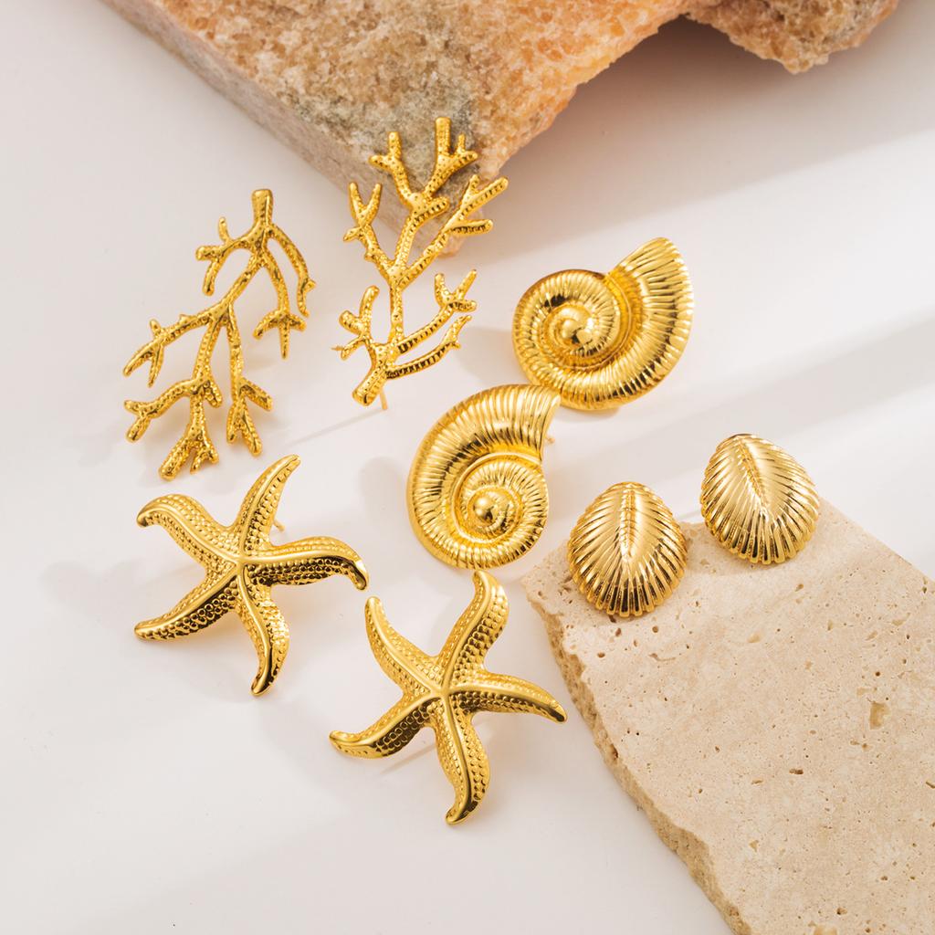 18K Gold Stainless Steel Stud Earrings Women Vintage Ocean Element Vacation Style Titanium Steel Fashion Ear Jewelry New Arrival