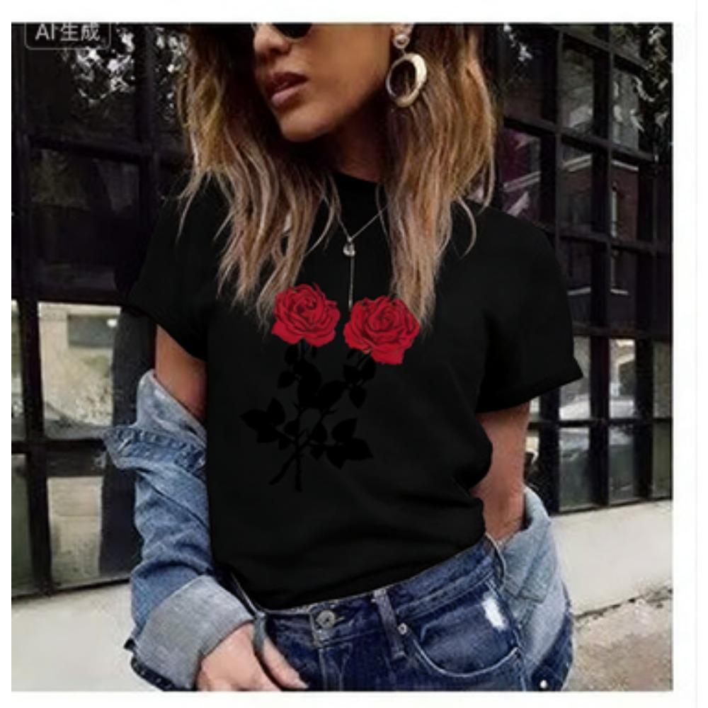 Crew Neck Short Sleeve Red Rose Print T Shirt Women's Outfits Casual Streetwear Fashion Lady Loose Clothing Tops
