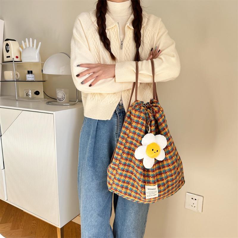 11 College woolen plaid drawstring backpack messenger bag large capacity shopping shoulder bag women