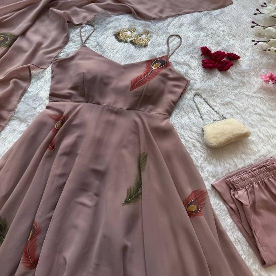 Dusty Mauve Peacock Feather Georgette Anarkali Set S