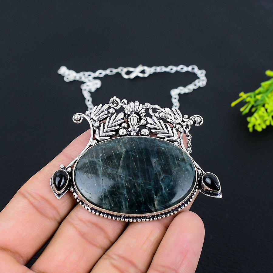 Natural Neon Blue Apatite, Onyx Gemstone 925 Sterling Silver Necklace 18" M5v50