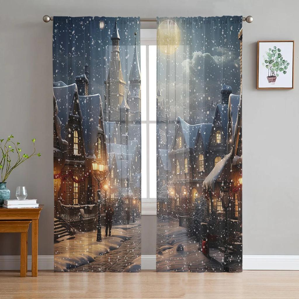 Vánoční sněhulák sněhová scéna růžový dům okno tylové záclony do obývacího pokoje kuchyně vánoční domácí dekorace průsvitné voálové záclony