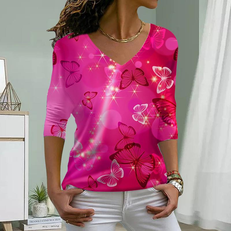 Black Butterfly Print Women Tshirts Ladies Tops Long Sleeve V-neck Pullover Femme T-shirts T Shirt For Women