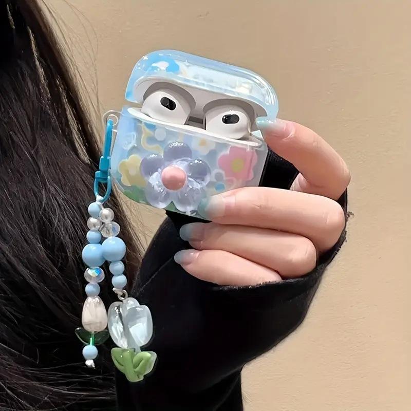 Applicable AirPods 1 Protective Cover Ins Three-dimensional Flower with Pendant Airpodspro1 Earphone Cover Third Generation Soft Case