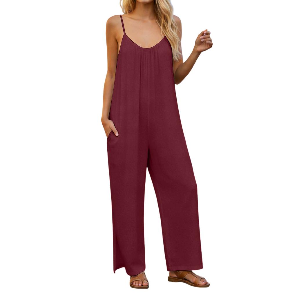 Women's  V-neck Waist Cinched Fashionable Jumpsuit Wide Leg Pants
