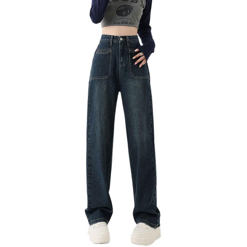 Women's Plus Velvet High Waist Wide Leg Jeans - Floor Length, Warm, Thickened, Straight Leg, with Pockets for Pear Shape.
