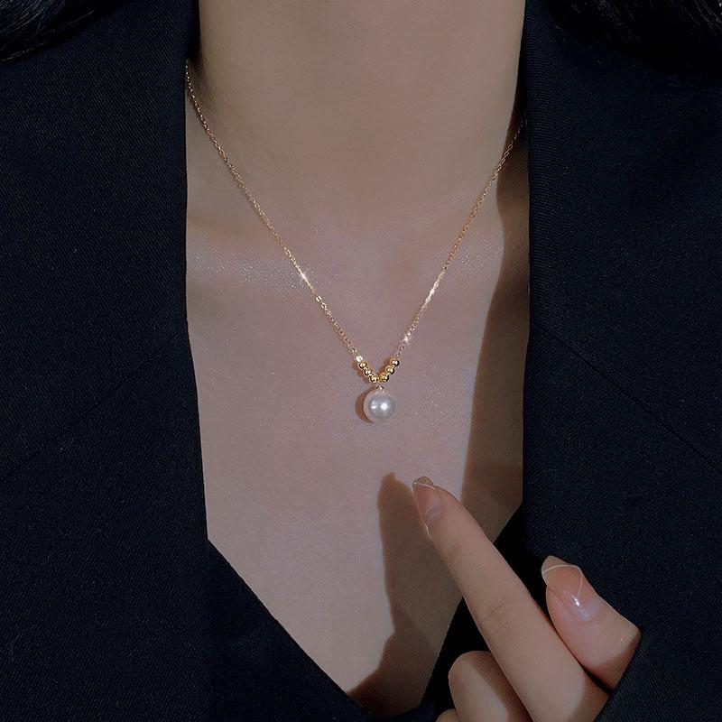 S925 Sterling Silver Shijia Single Pearl Necklace Women's Spring and Summer Round High-end Clavicle Chain Does Not Fade