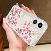 Sakura Floral Print Diamond Frame Clear Case For iPhone 16E 16 15 Pro Max 14 Pro 13 12 11 Anti-Fall Soft Silicone Shockproof Phone Cover