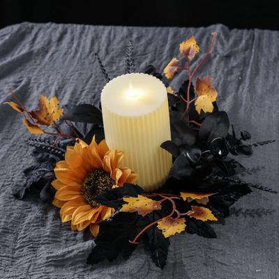 Halloween Candle Ring Garland 10 Inch Artificial Leaves Sunflower Maple Leaf Wreath for Pillar Candle Holder Wedding Home Tabletop Decoration