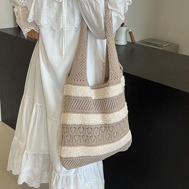 Yogodlns Модная винтажная полосатая вязаная сумка-тоут с цветными блоками — фото 10