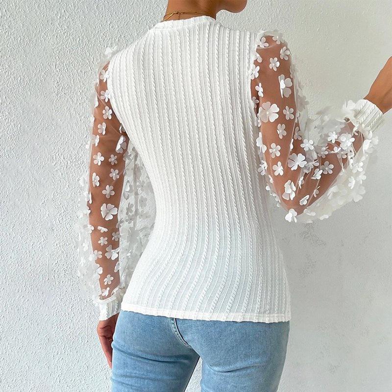 Damen Chiffon-Shirt mit kleinen Blumen aus Netzstoff für Frühling und Sommer, Rundhalsausschnitt, Schlankheitseffekt, Pullover, langärmeliges Oberteil