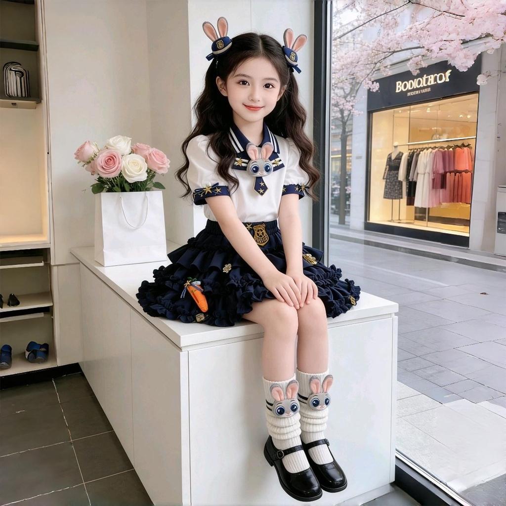 Girls' Academy Style Cartoon Skirt Set - Sweet Summer Princess Two-Piece Outfit