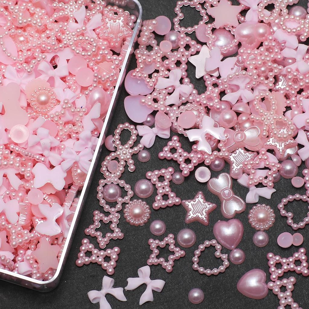 1 Box Nail Accessories 3d Nail Charm Resin Love Bow Pentagram Nail Accessories Mixed Pink White Resin Hollow Pearl for Manicure