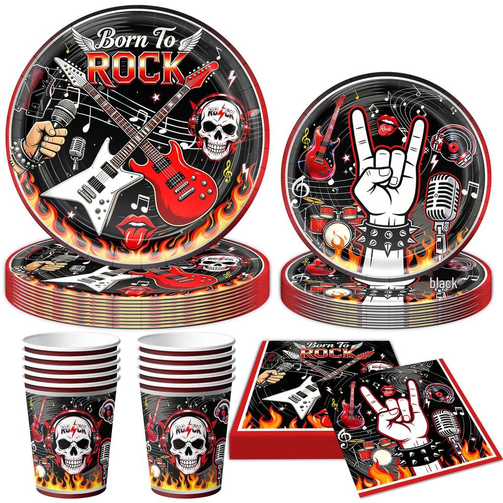 Rock Skull Birthday Party Set: Disposable Plates, Cups, Tablecloth, Banners & Decorations.