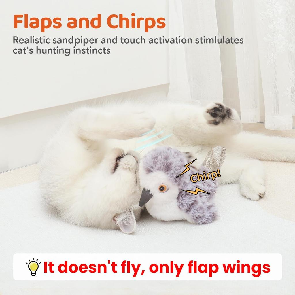 Cat Toys Flapping Bird (No Flying), Lifelike Sandpiper Chirp Tweet, Rechargeable Touch Activated Kitten Toy Interactive Cat Exercise Toys for All Bree