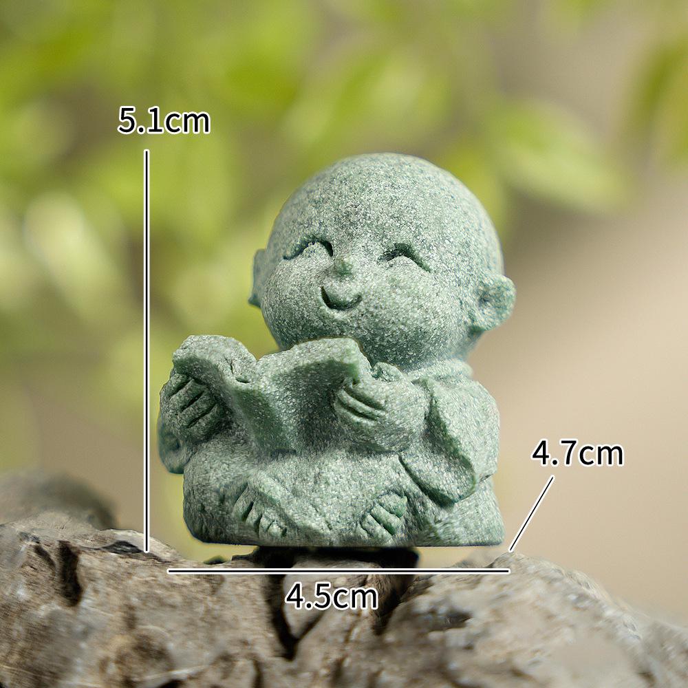 Green Sandstone Little Monk Zen Ornaments - Desktop Rockery Bonsai for Tea Table or Living Room.