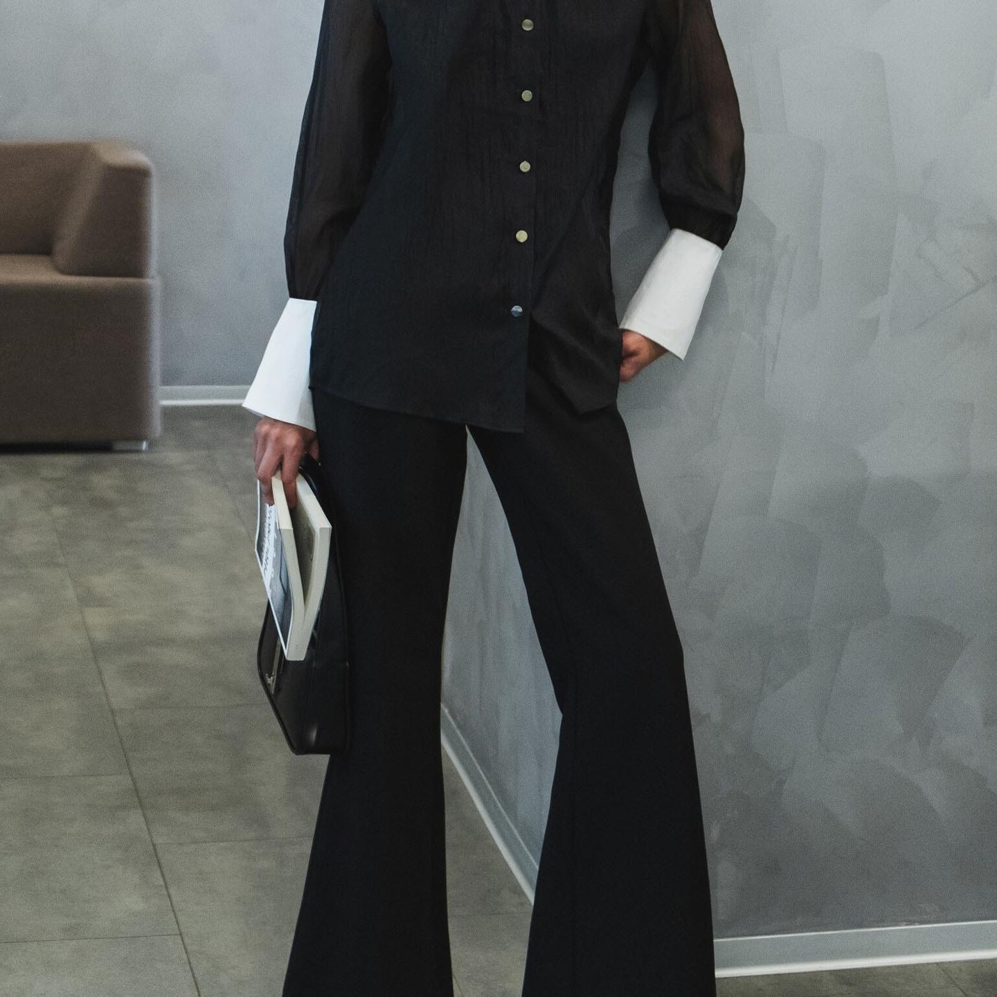 

Autumn New Workplace Style Retro Fashion Patchwork Turn-Down Collar Blouse Niche Sheer Sexy Top L чёрный