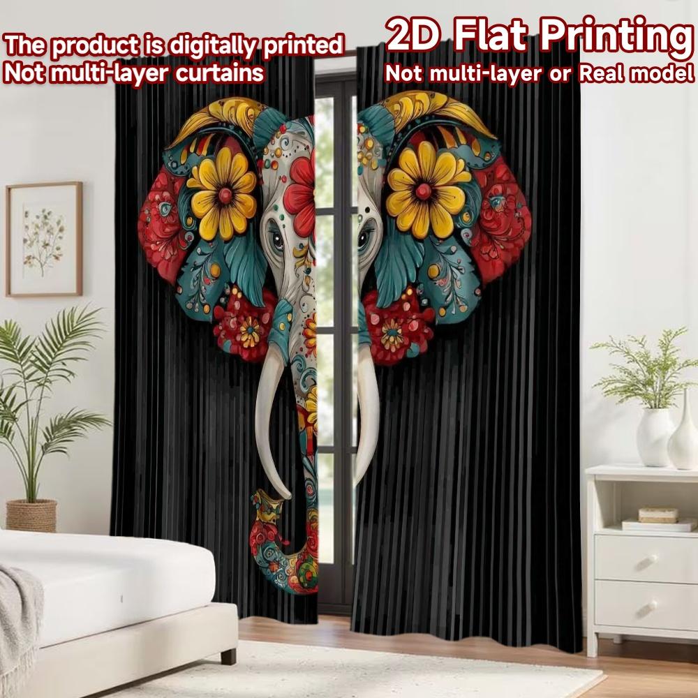 2D flat printing 2pcs Curtain Party Curtain Day of the Dead Elephant Digital Printed Polyester Drapes Festive Holiday for