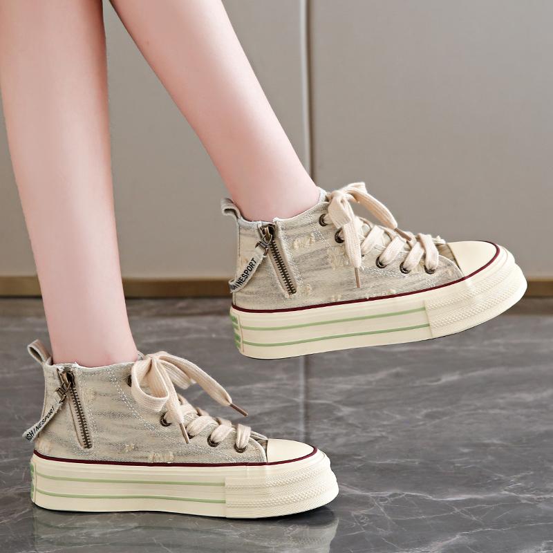 Women Platform Canvas Shoes Retro Student Shoes High Top Sneakers Lace Up Comfortable Skateboard Flat Zipper Sneakers For Female