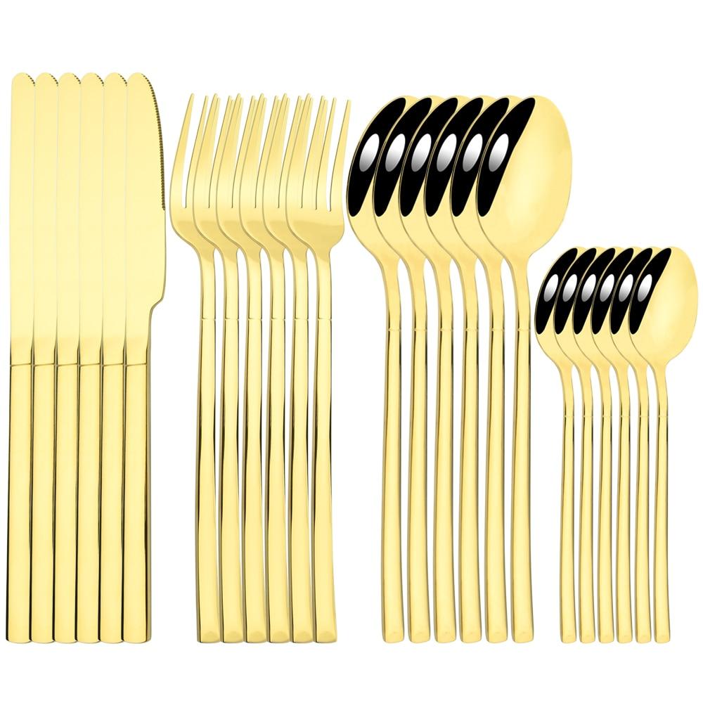 24 Pcs Black Tableware Stainless Steel Cutlery Set Forks Knives Spoons Kitchen Dinner Set Fork Spoon Knife Gold Dinnerware Set