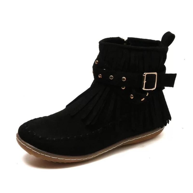Autumn and winter new short fringed Martin boots women's large size belt buckle side zipper round head flat bottom short boots