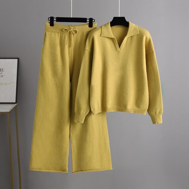 Autumn and Winter New Knitted Suit Women's Loose Polo Collar Sweater Wide Leg Pants Temperament Angola Two-piece Set