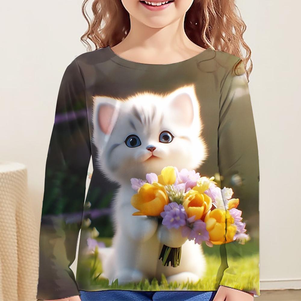 Children's Clothing Girl T-Shirts Long Sleeve 3D Cartoon Cat Print Kids Spring Fall Clothes Casual Round Neck Girl Clothes Tops